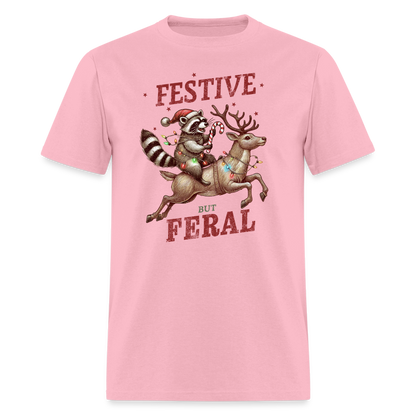 Festive But Feral Raccoon Christmas T-Shirt - pink