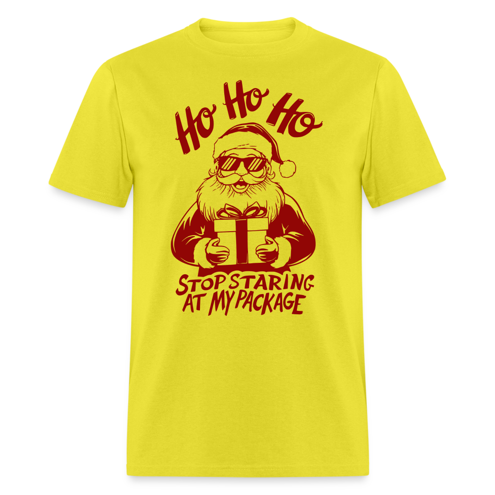 Ho Ho Ho Stop Staring Ay My Package (Funny Christmas Santa) T-Shirt - yellow