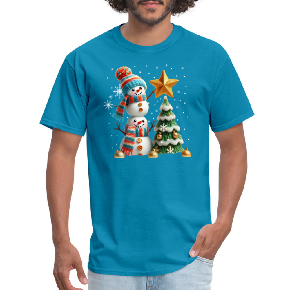 Cute Christmas Funny Snowman Decorating Tree T-Shirt - turquoise