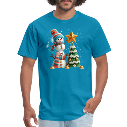 Cute Christmas Funny Snowman Decorating Tree T-Shirt - turquoise