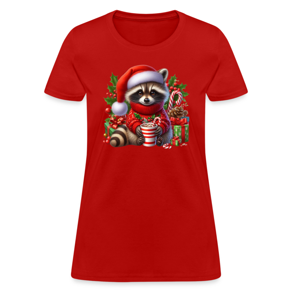 Christmas Cute Feral Raccoon Women's Contoured T-Shirt - red