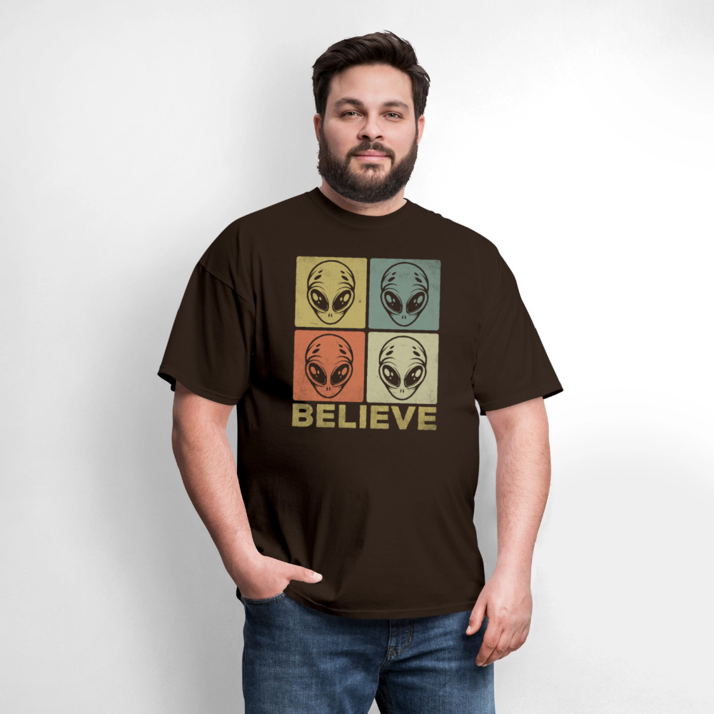 Believe Alien T-Shirt – UFO Style with Alien Faces Design - brown