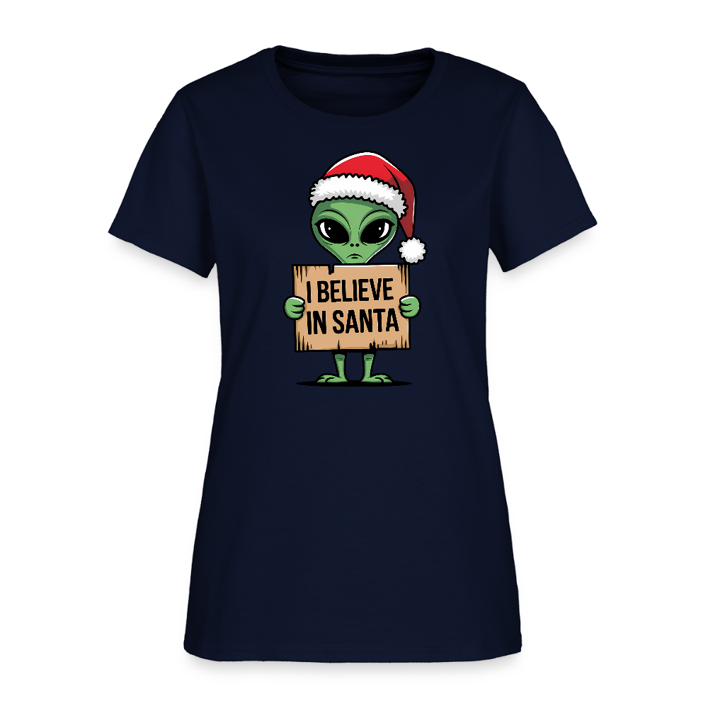 I Believe in Santa Women’s T-Shirt – Alien Christmas Tee Color: red