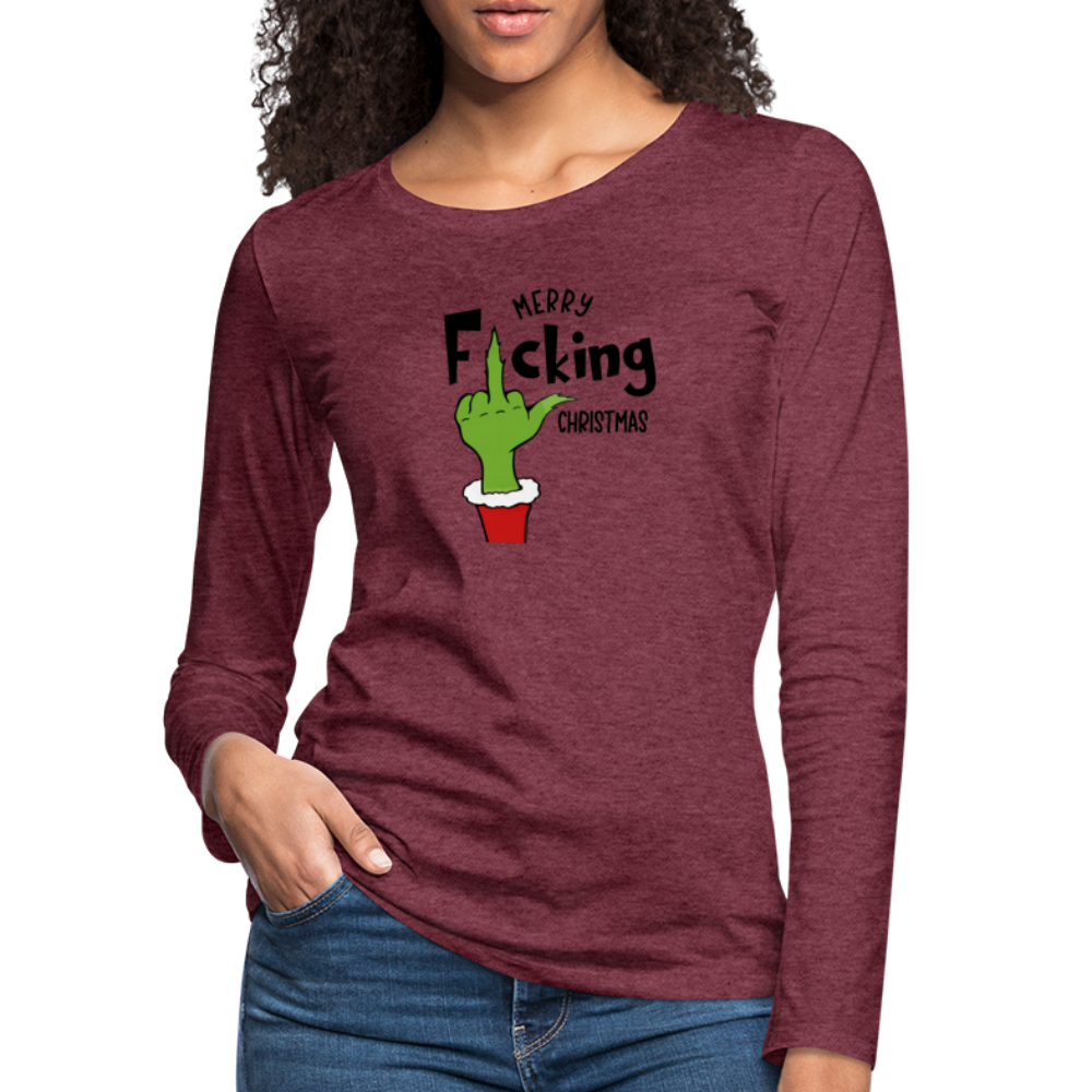 Merry F*cking Christmas Grumpy Middle Finger Women's Premium Long Sleeve T-Shirt - heather burgundy