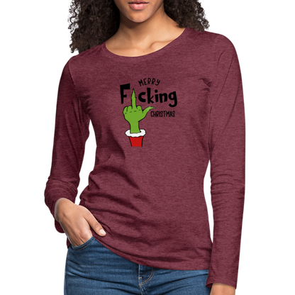 Merry F*cking Christmas Grumpy Middle Finger Women's Premium Long Sleeve T-Shirt - heather burgundy