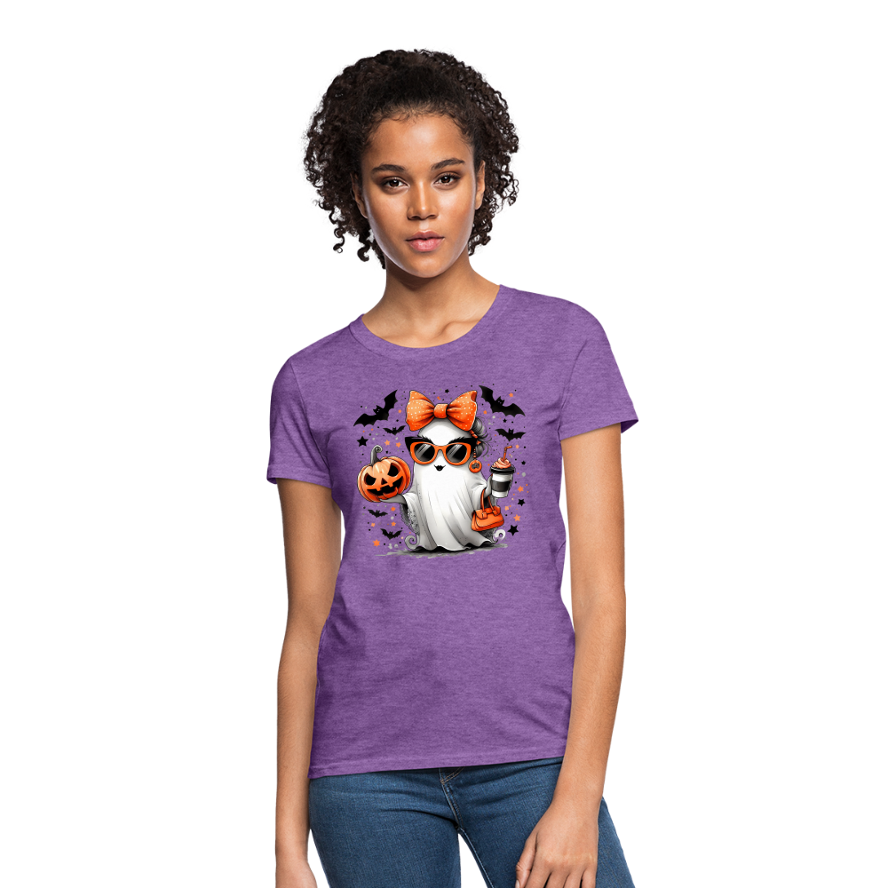 Cute Halloween Ghost with Pumpkins and Bats Women's T-Shirt (Mom Halloween Tee) - purple heather