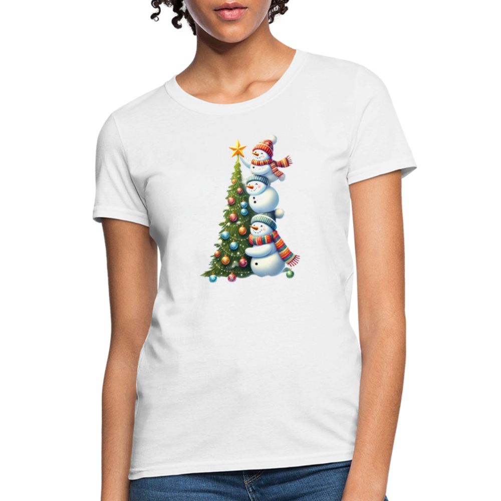 Cute Snowman Decorating Christmas Tree Women's Contoured T-Shirt - white