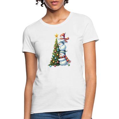 Cute Snowman Decorating Christmas Tree Women's Contoured T-Shirt - white