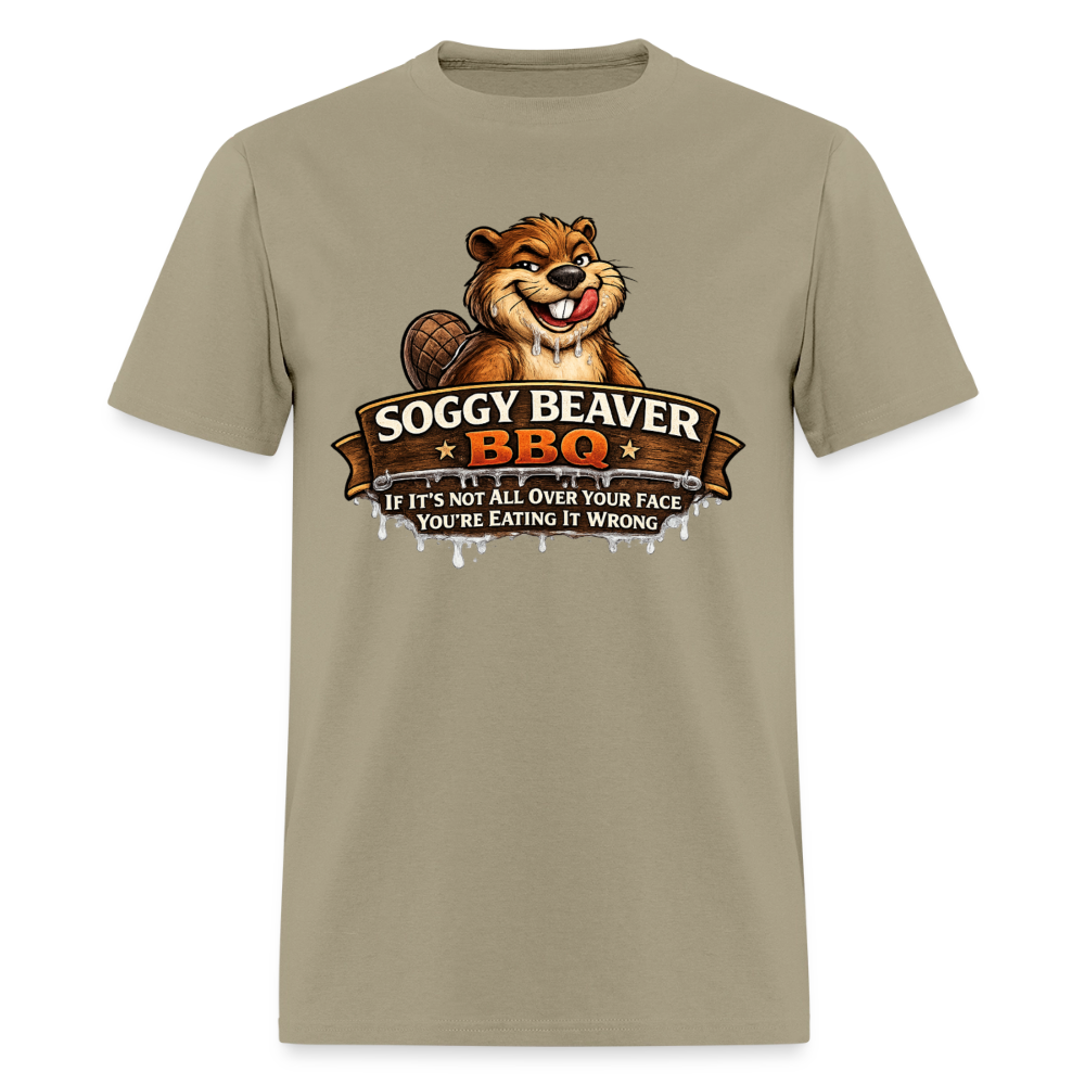 Soggy Beaver BBQ Funny Graphic T-Shirt Color: Khaki