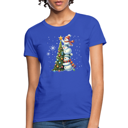 Cute Snowman Decorating Christmas Tree Women's Contoured T-Shirt - royal blue