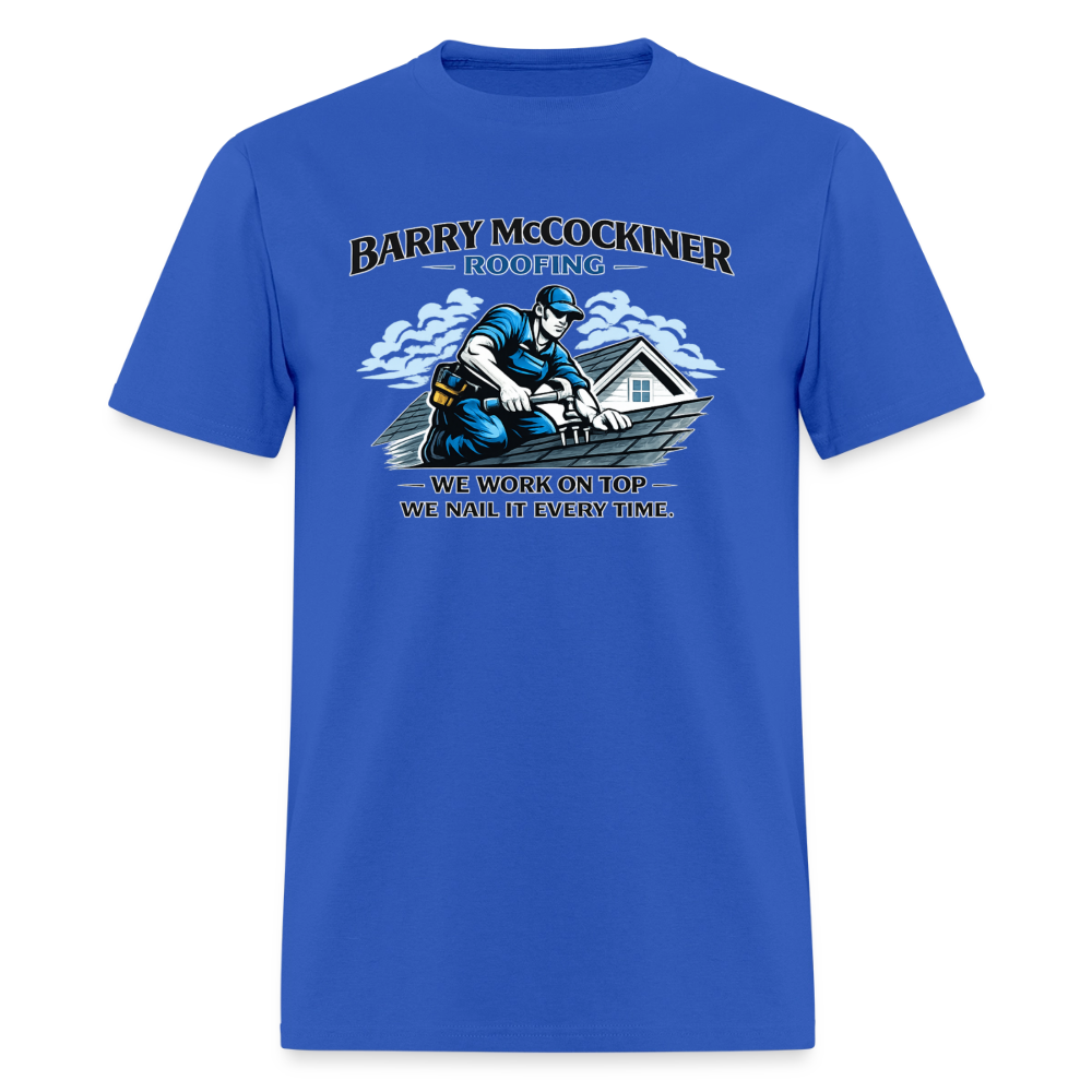 Barry McCockiner Roofing Funny Adult T-Shirt Color: Royal Blue