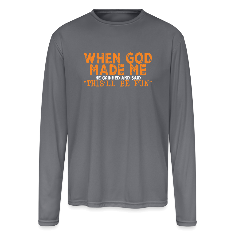 When God Made Me Performance Long Sleeve – Faith Meets Humor - gray