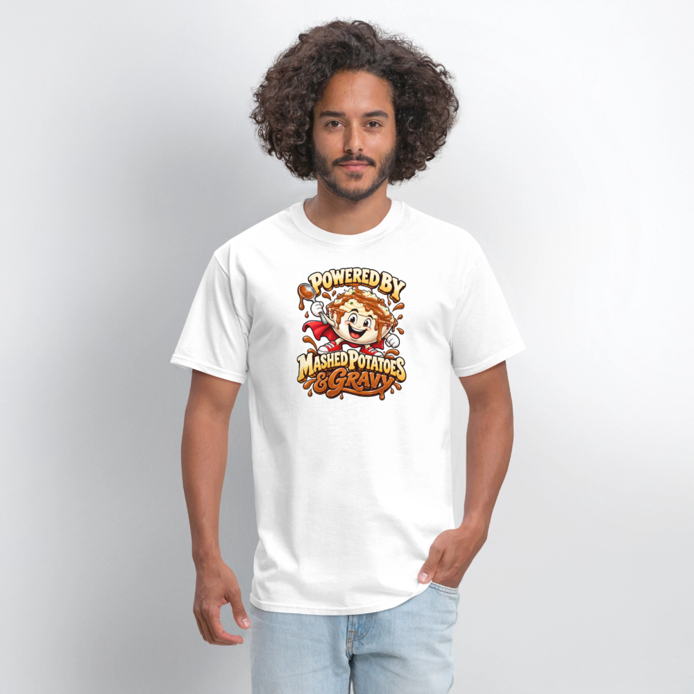 Powered by Mashed Potatoes & Gravy – Superhero T-Shirt - white