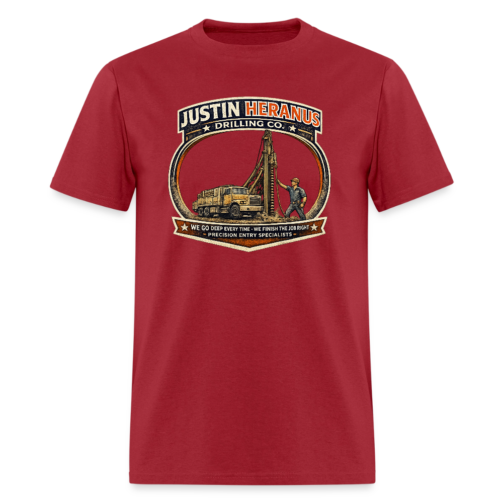 Justin Heranus Drilling Co T-Shirt Funny Adult Humor Tee - dark red