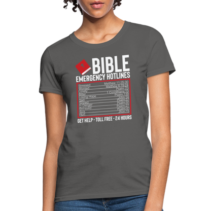 Bible Emergency Hotline (Scriptures) Women's Contoured T-Shirt - charcoal