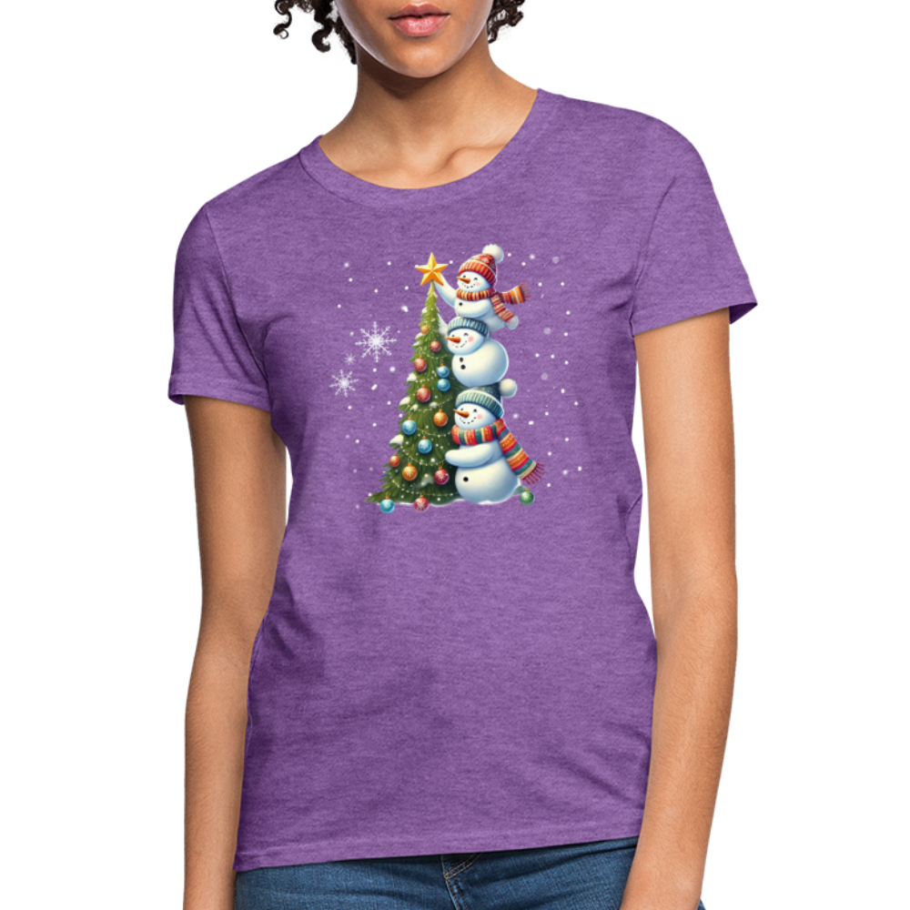 Cute Snowman Decorating Christmas Tree Women's Contoured T-Shirt - purple heather