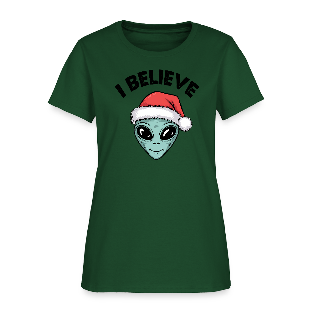 I Believe in Santa Women’s T-Shirt – Alien Christmas Tee Color: forest green