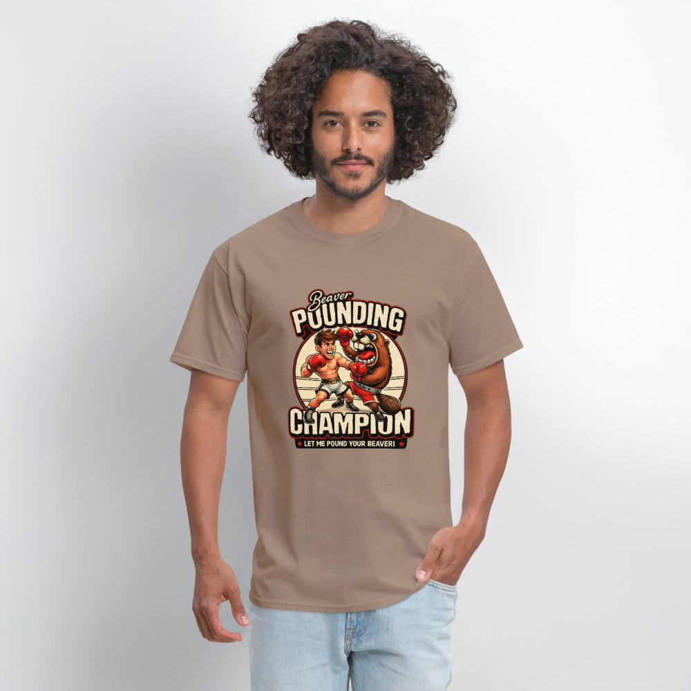 Beaver Pounding Champion Funny Adult Humor Graphic T-Shirt - safari