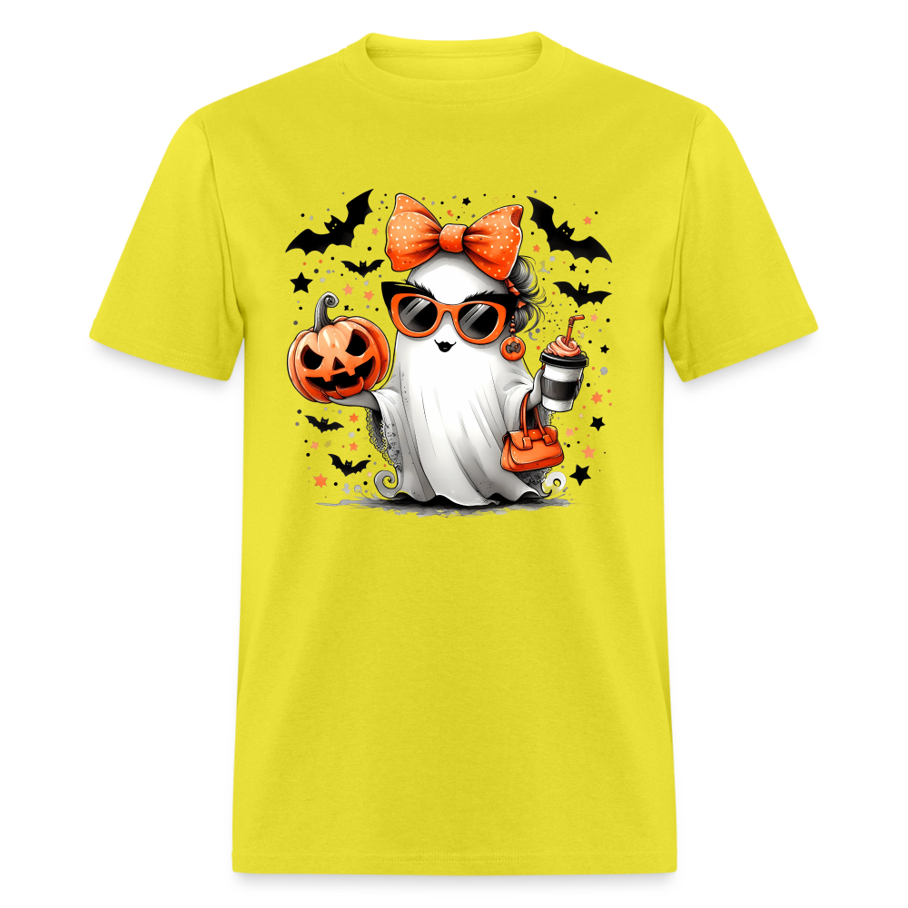 Cute Halloween Ghost with Pumpkins and Bats T-Shirt - yellow