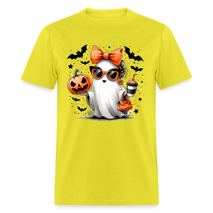 Cute Halloween Ghost with Pumpkins and Bats T-Shirt - yellow