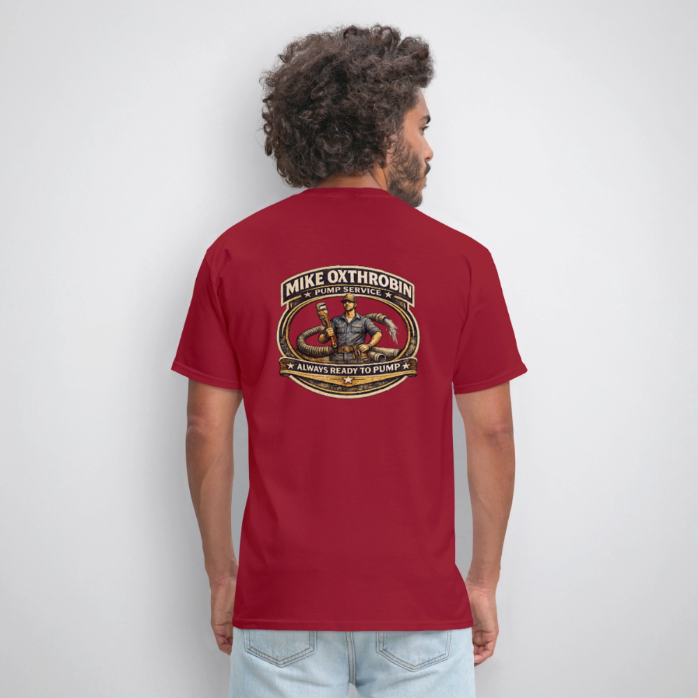 Mike Oxthrobin Pump Service Double-Sided Funny Humor Tee Color: dark red