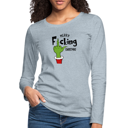 Merry F*cking Christmas Grumpy Middle Finger Women's Premium Long Sleeve T-Shirt - heather ice blue