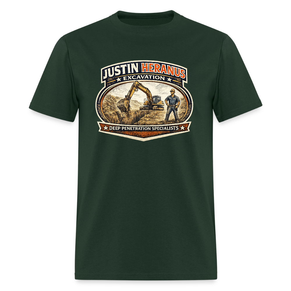 Justin Heranus Excavation T-Shirt Funny Adult Humor Tee - forest green