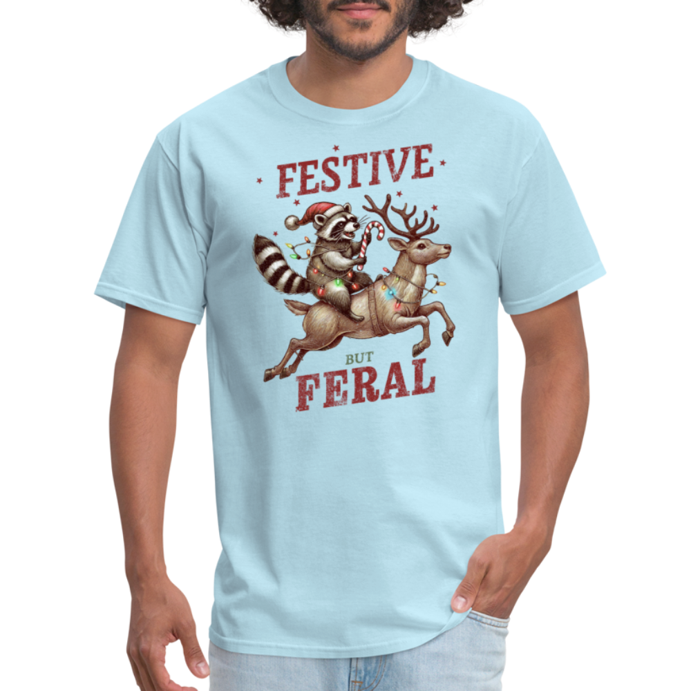 Festive But Feral Raccoon Christmas T-Shirt - powder blue