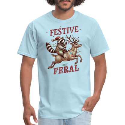 Festive But Feral Raccoon Christmas T-Shirt - powder blue