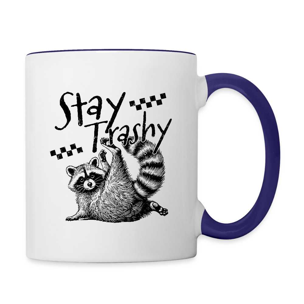 Stay Trashy Coffee Mug – Funny Feral Raccoon Design - white/cobalt blue
