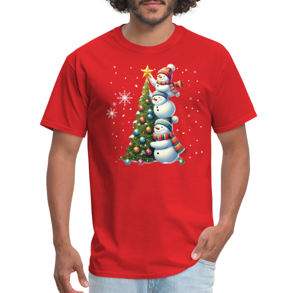 Cute Snowman Decorating Christmas Tree T-Shirt - red