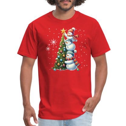 Cute Snowman Decorating Christmas Tree T-Shirt - red