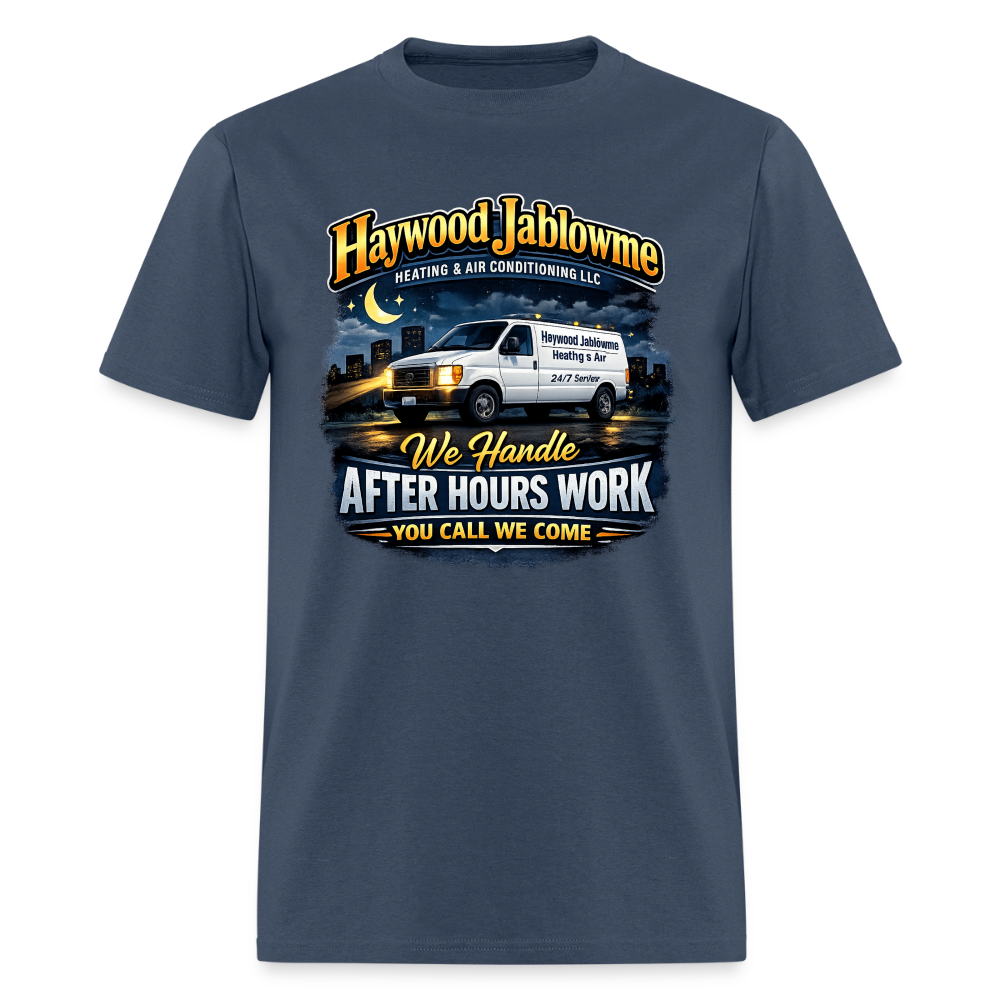 Haywood Jablowme Funny HVAC T-Shirt Color: Blue Dusk
