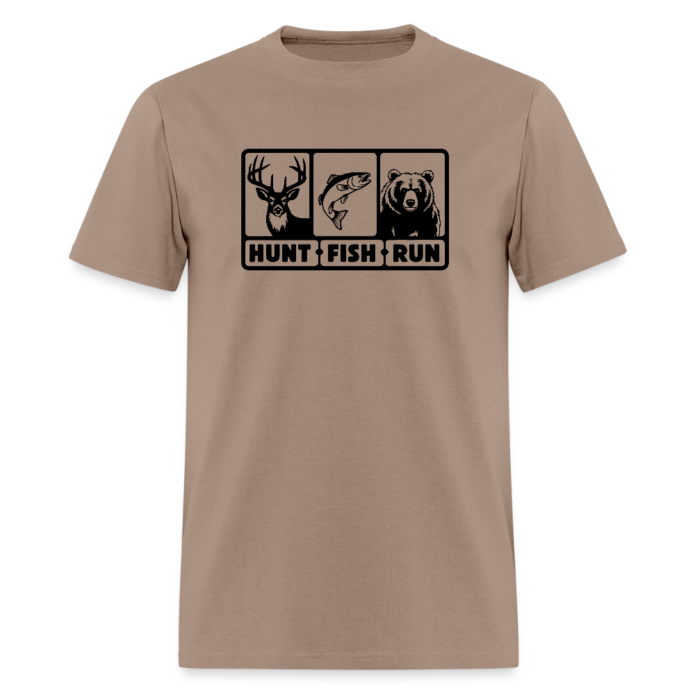 Hunt Fish Run Tee – Funny Outdoor Humor Shirt - brown savana