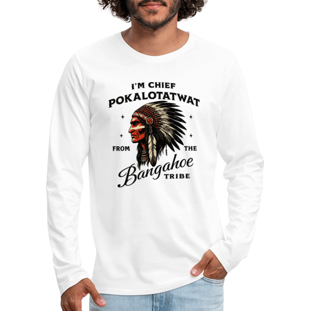 Chief Pokalotatwat From the Bangahoe Tribe Men’s Premium Long Sleeve T-Shirt Color: heather gray
