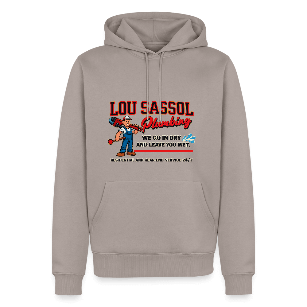 Lou Sassol Plumbing Hoodie – Funny Adult Humor Hoodie for Men Color: taupe