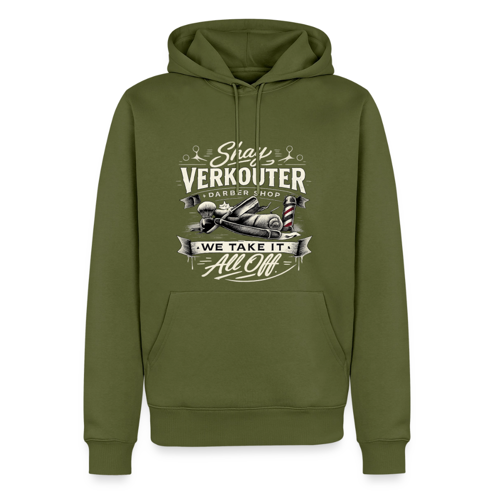 Shay Verkouter Barber Shop Funny Adult Humor Hoodie Color: khaki green