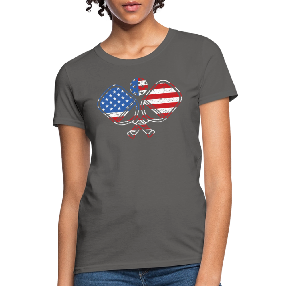 American Flag Pickleball Paddle Women's Contoured T-Shirt - charcoal