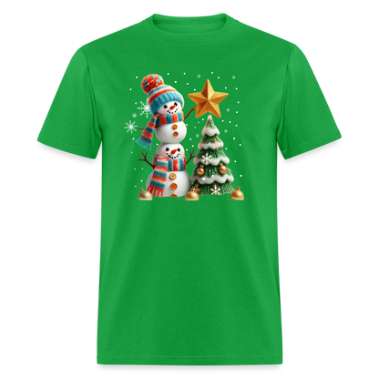 Cute Christmas Funny Snowman Decorating Tree T-Shirt - bright green