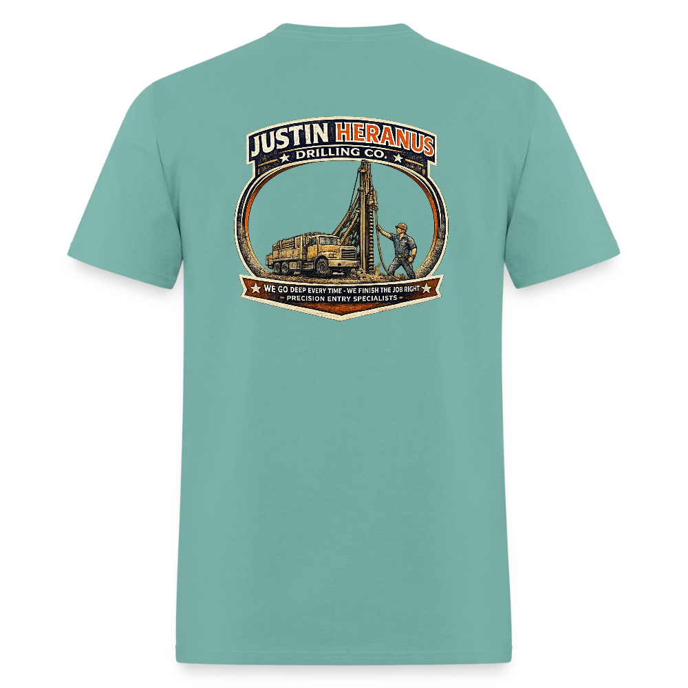 Justin Heranus Drilling Co Double Sided Funny Humor Tee - aquatic