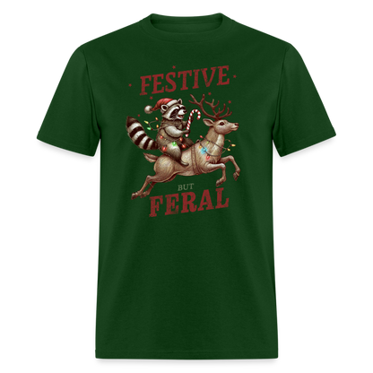 Festive But Feral Raccoon Christmas T-Shirt - forest green