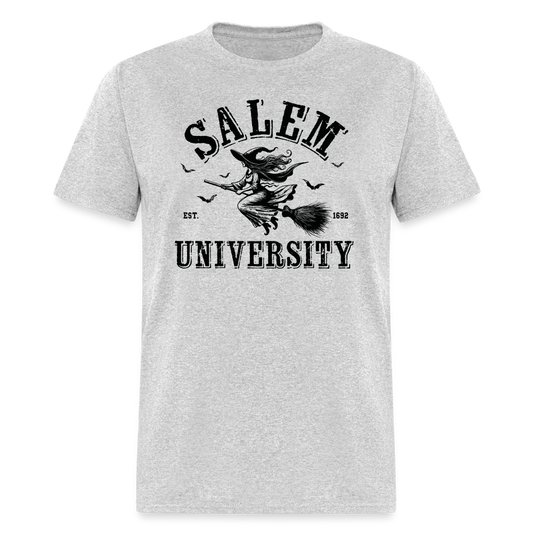 Salem University T-Shirt (Halloween Witch Riding Broom) - heather gray