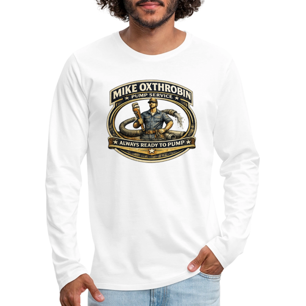 Mike Oxthrobin Pump Service Long Sleeve Funny Humor Shirt Color: heather gray