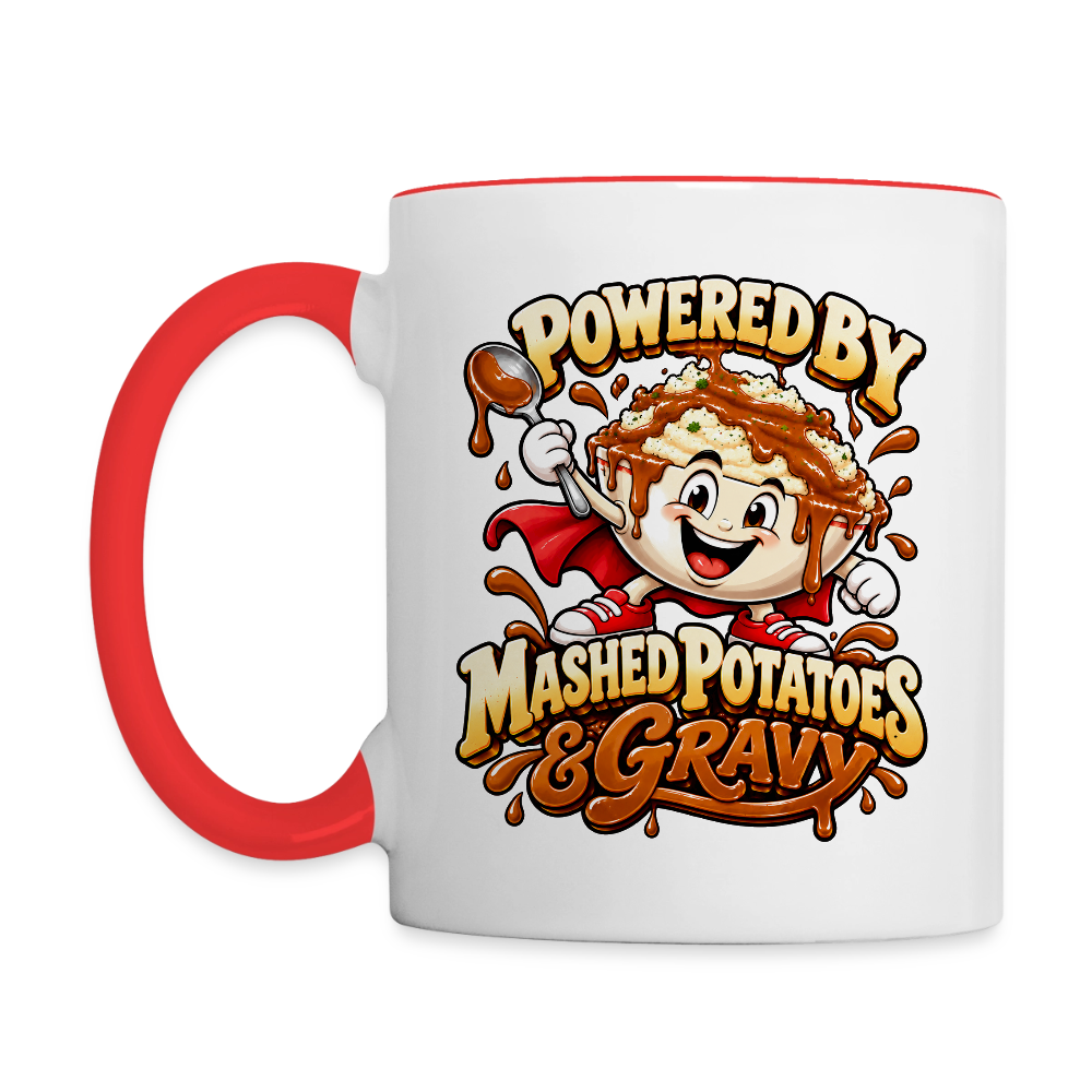 Powered by Mashed Potatoes & Gravy – Superhero Coffee Mug - white/red