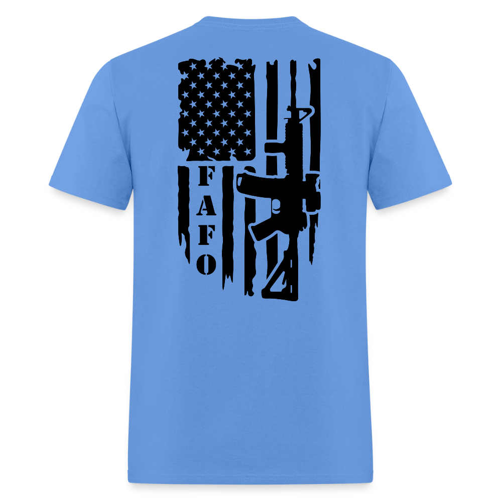 FAFO T-Shirt – AR-15 & American Flag Back Print Color: carolina blue