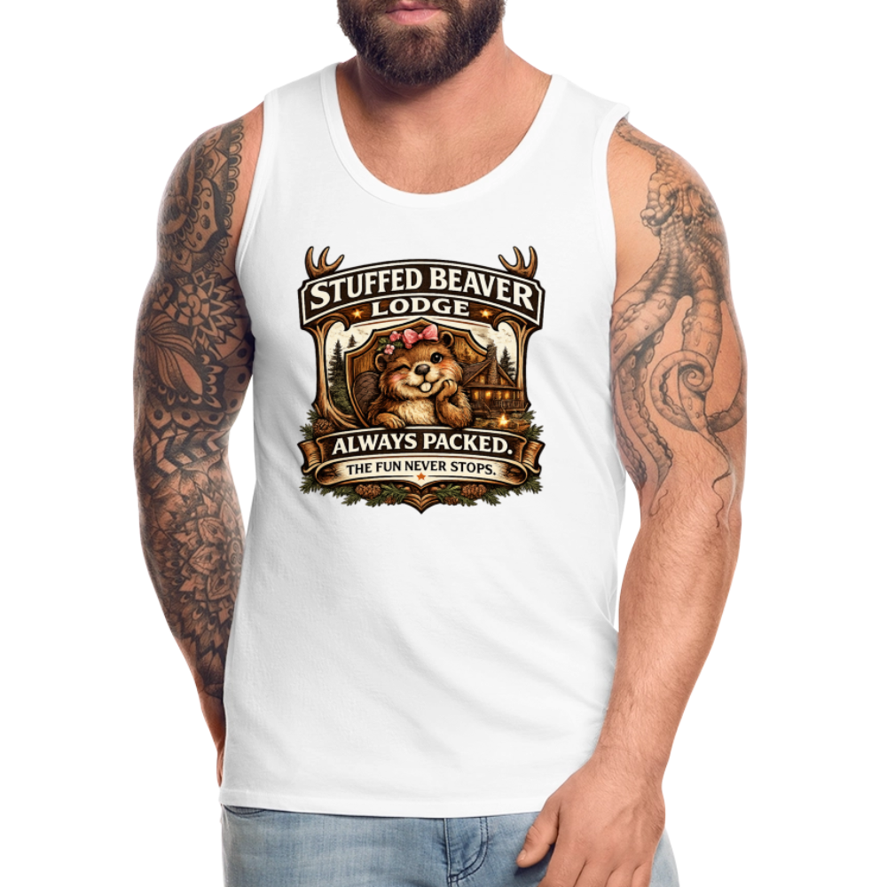 Stuffed Beaver Lodge Funny Adult Tank Top - white