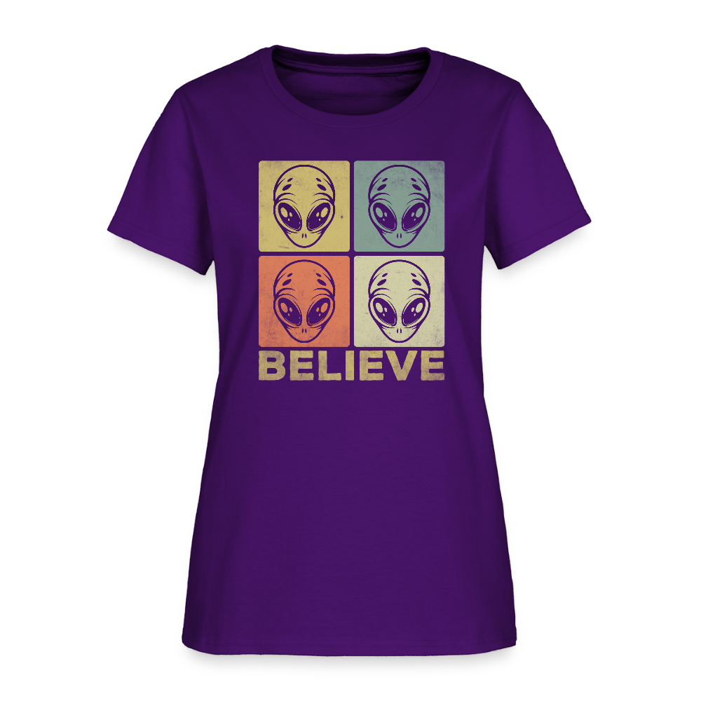Believe Alien Women’s T-Shirt – Cute UFO Style with Alien Faces - purple