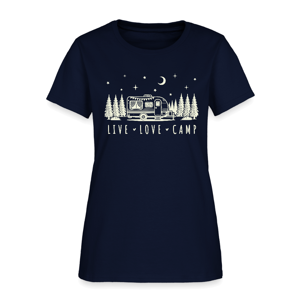 Live Love Camp Women’s T-Shirt – Camper Under the Stars Color: navy