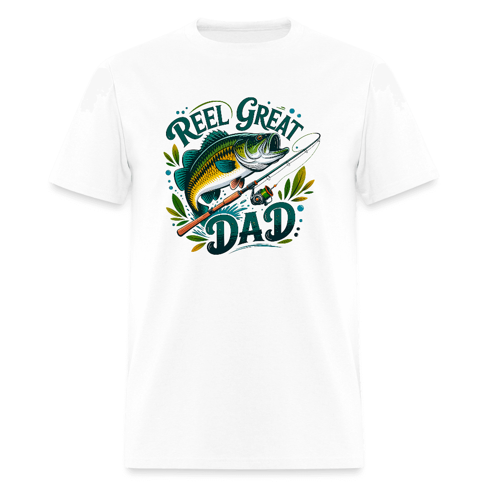 Reel Great Dad Funny Fishing T-Shirt with Rod & Fish - white
