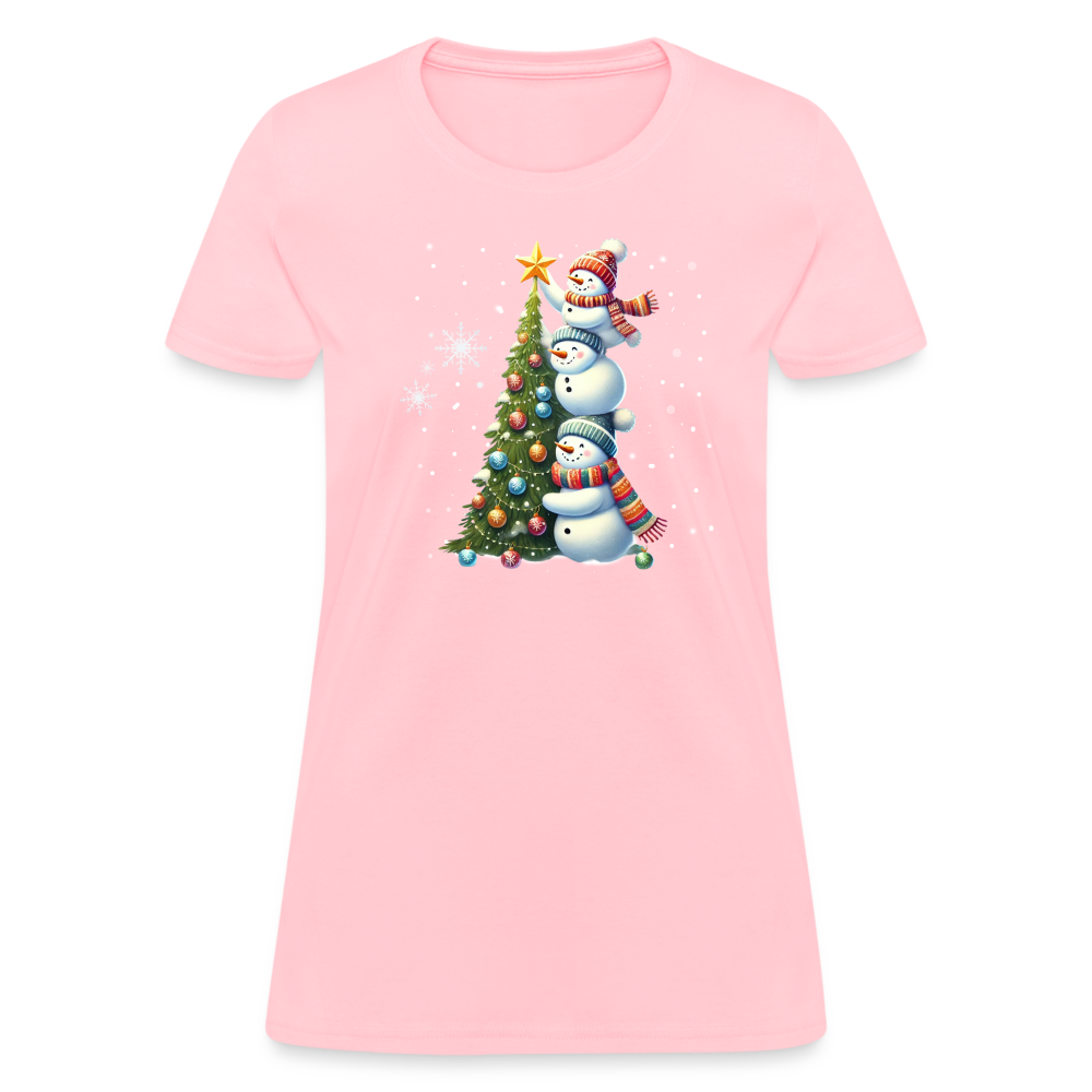 Cute Snowman Decorating Christmas Tree Women's Contoured T-Shirt - pink